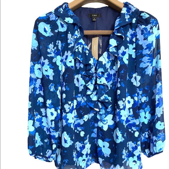 SM•NWT•J.CREW•RUFFLE V-NECK WATERCOLOUR BEGONIAS BLOUSE• - Picture 5 of 10